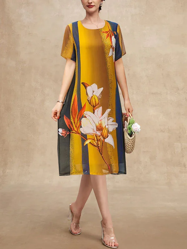 Short Sleeve Lotus Printed Round Neck Chiffon Mid Length Dress