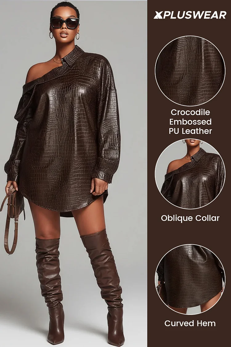Xpluswear Design Plus Size Party Brown Oblique Collar Long Sleeve Crocodile Embossed Casual PU Leather Mini Dresses