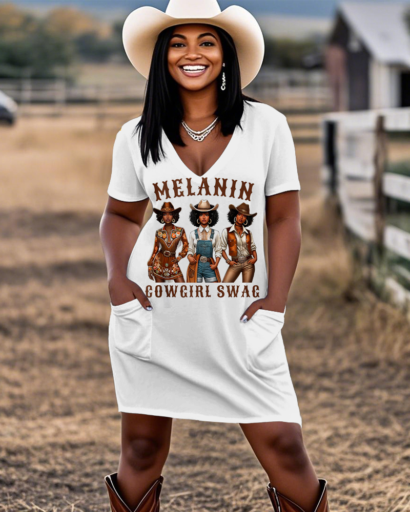 Melanin Cool Cowgirl Swag Casual V-neck Pocket Dress
