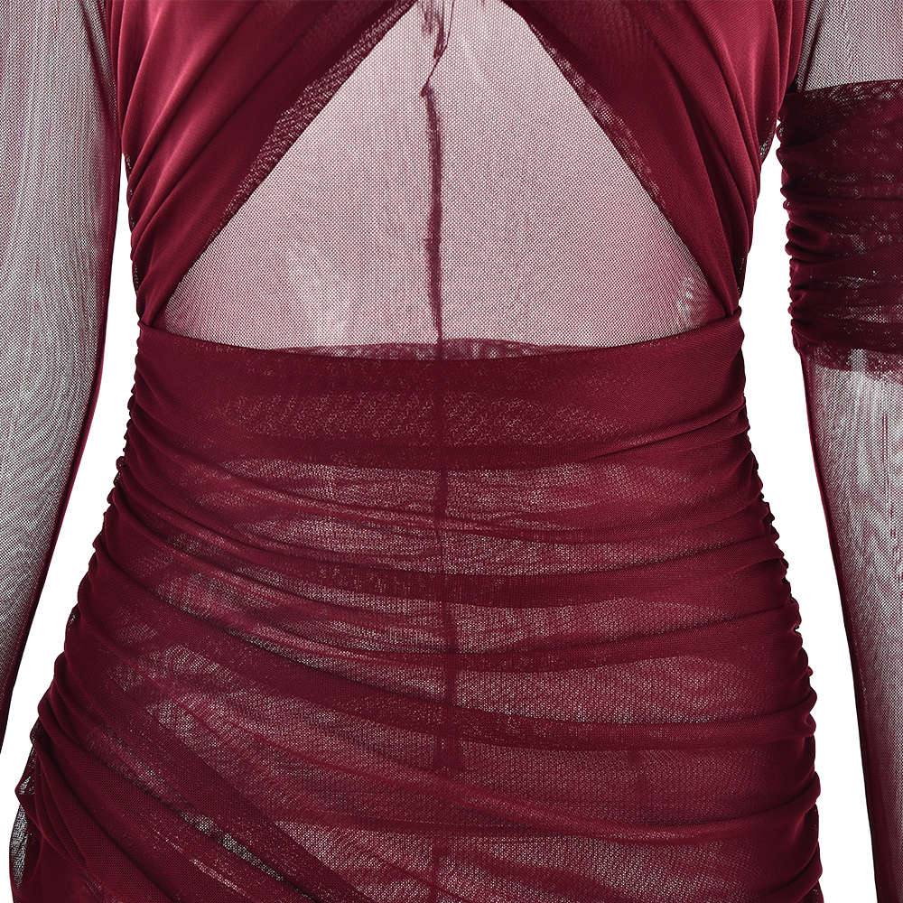 Elegant Mesh Patchwork Long Sleeve Bodycon Party Club Evening Dress Sexy Double Layer Perspective Vestido Autum Clothing