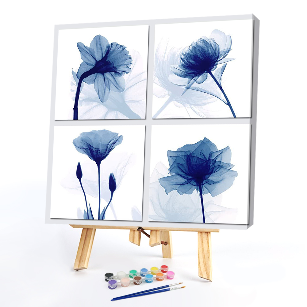 

40*40CM - Paint By Numbers - 4 Panels Blue Flowers, 501 Original