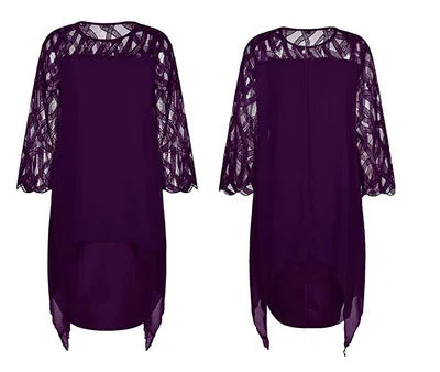 Women's Lace Stitching Hollow 3/4 Sleeve Irregular Hem Chiffon Dress Formal Dress