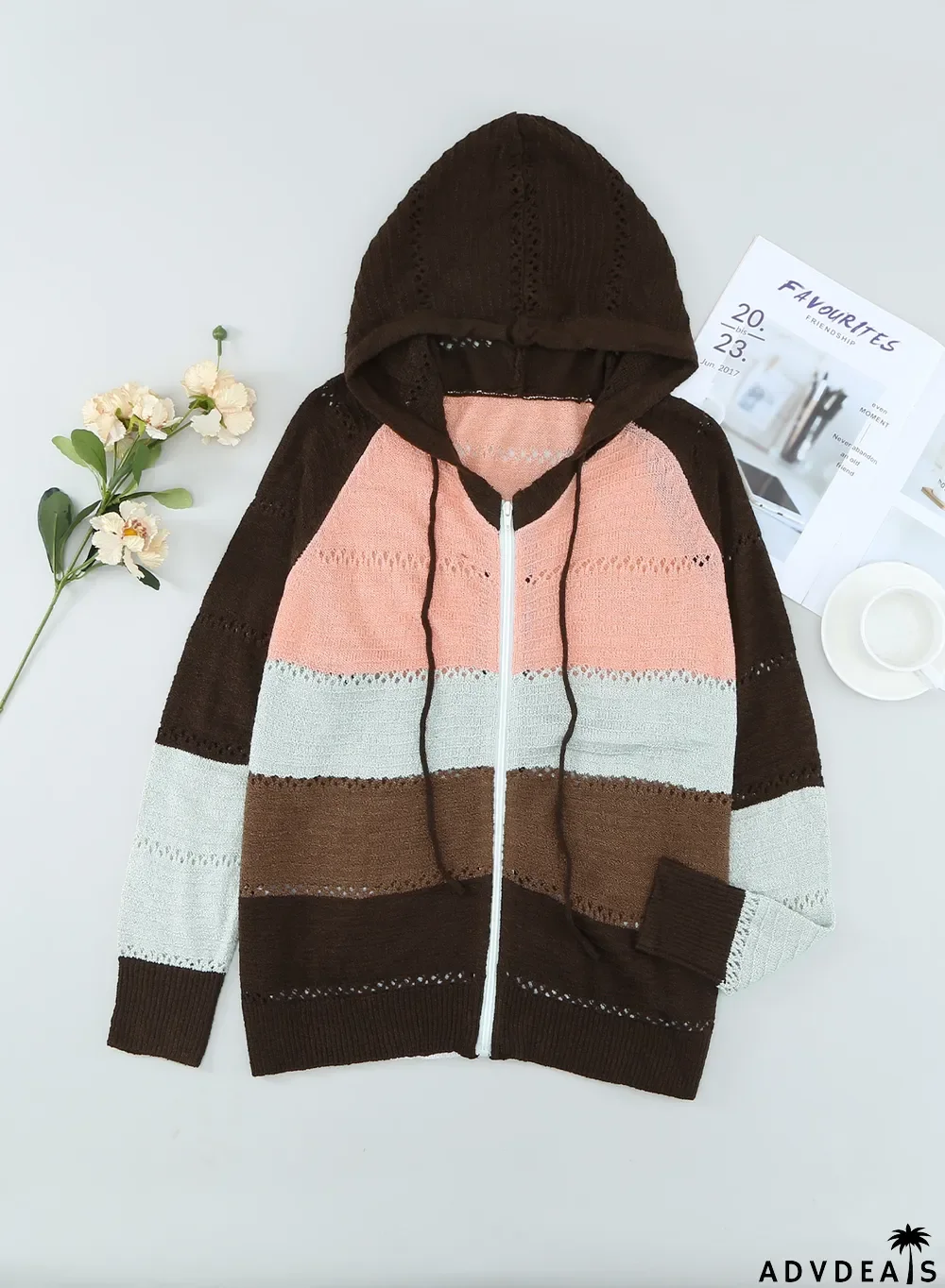 Brown Zipped Front Colorblock Hollow-out Knit Hoodie