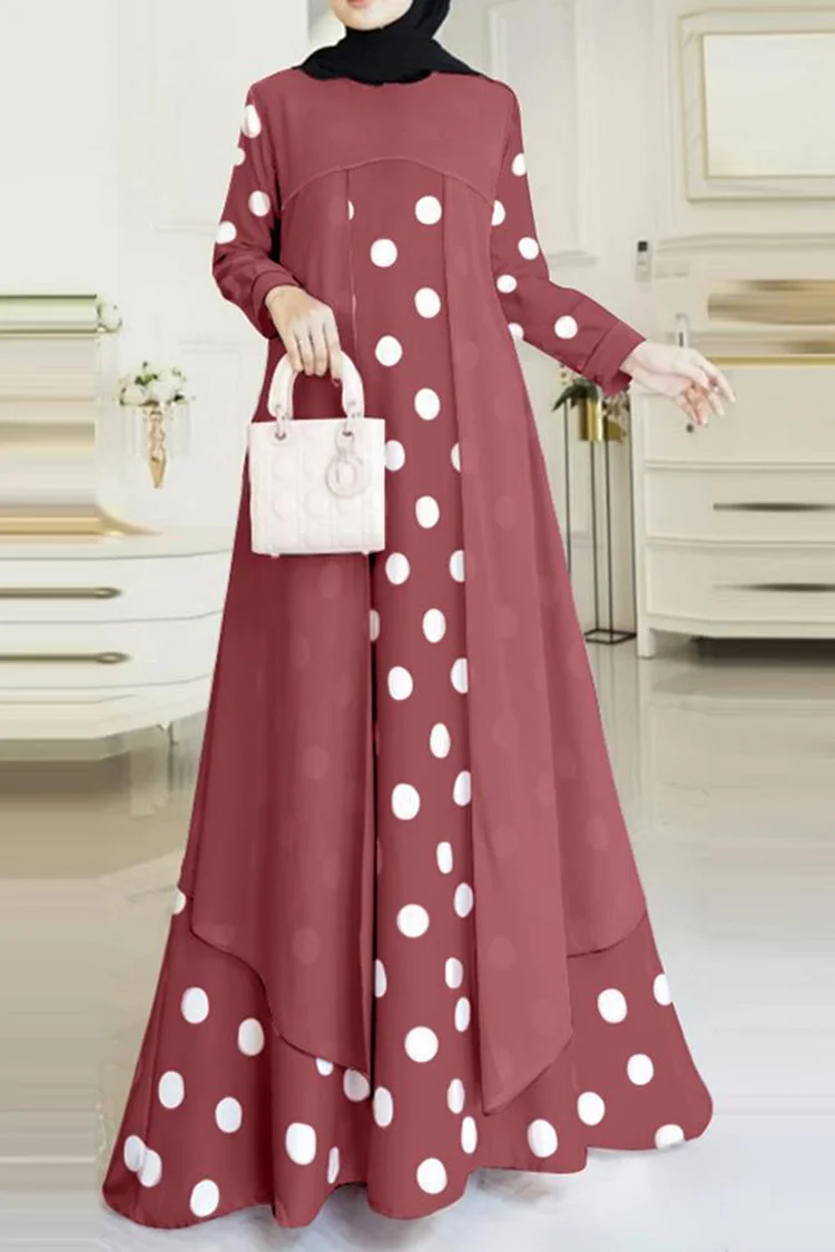 Casual Polka Dot Double Layered Long Sleeve Maxi Dress