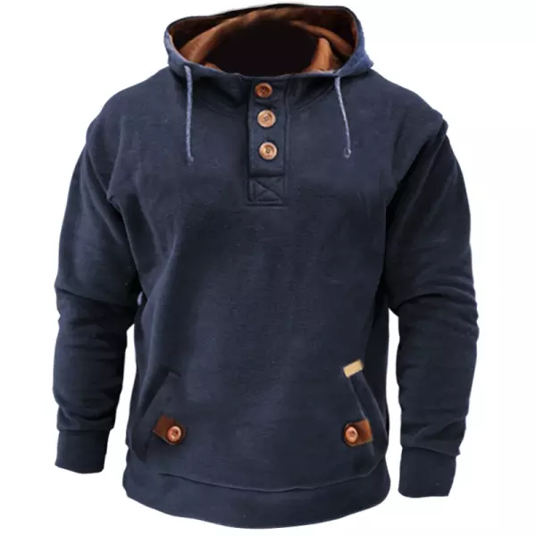 Mens Vintage Contrast Button Pocket Tactical Hoodie