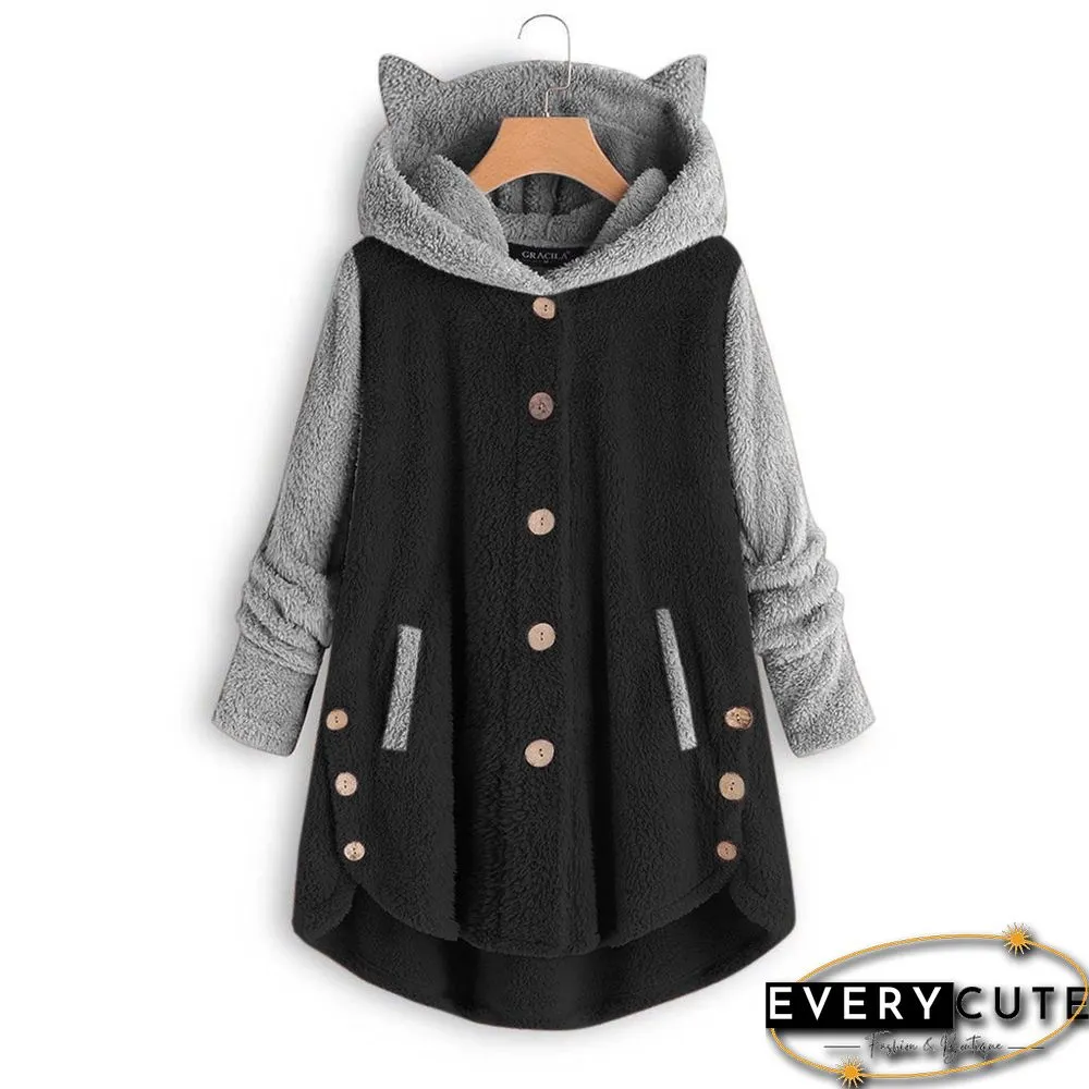 Autumn And Winter Button Hooded Cat Ears Plush Top Irregular Color Matching Coat Women