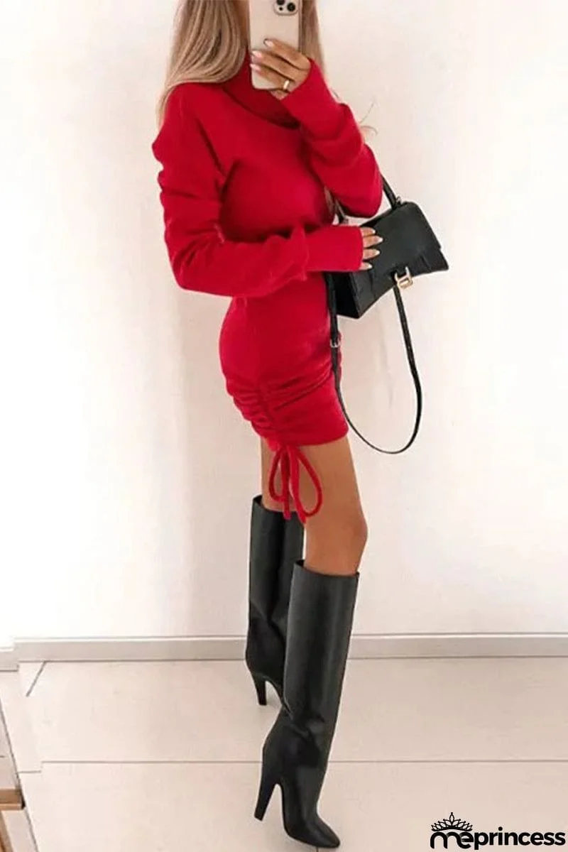 Turtleneck Drawstring Bodycon Dress