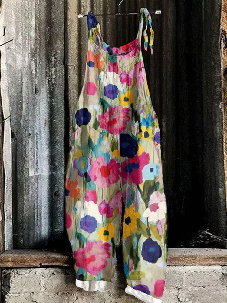 Comstylish Vintage Colorful Floral Linen Blend Loose Casual Jumpsuit