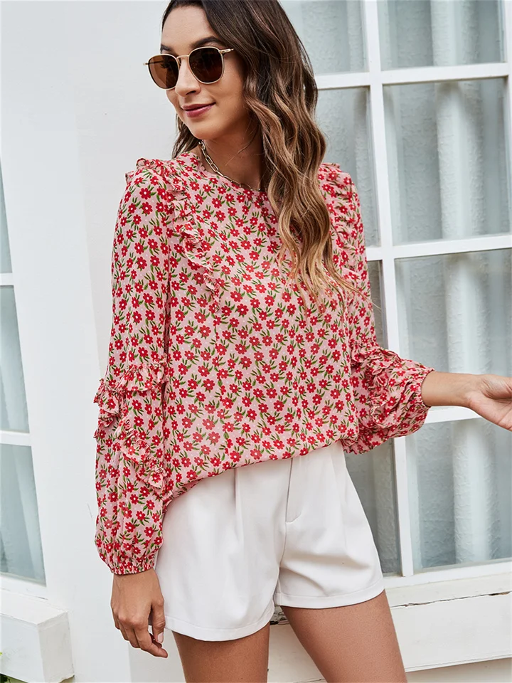 New Floral Tops Lace Sleeves Loose Pearl Yarn Women's Fashion Casual Round Neck Long-sleeved T-shirt Shirt