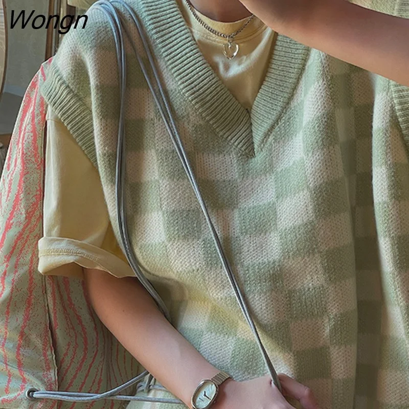 Wongn Vest Women Vintage Plaid Stylish Sleeveless Knitwear Teens Preppy Style Ulzzang V-neck Girls Streetwear Harajuku Autumn