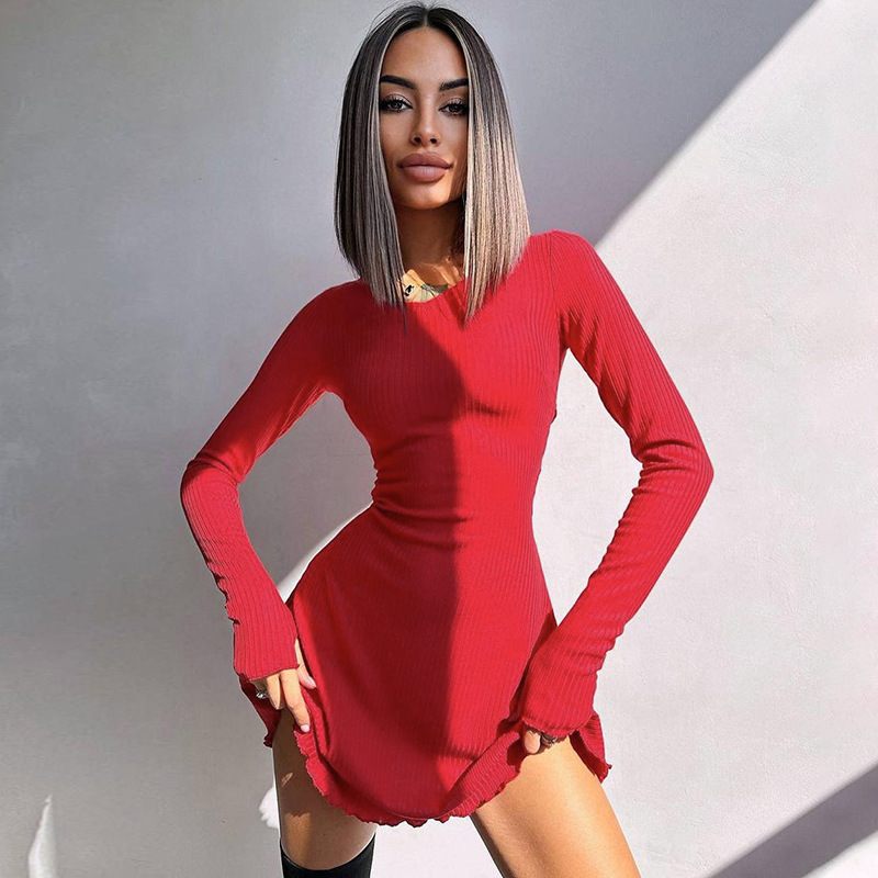Ootddress Bandage Ruffled High Waist Mini Dress For Women Long Sleeve Fashion Lace-Up Solid Patchwork Autumn 2025 Bodycon Dress New