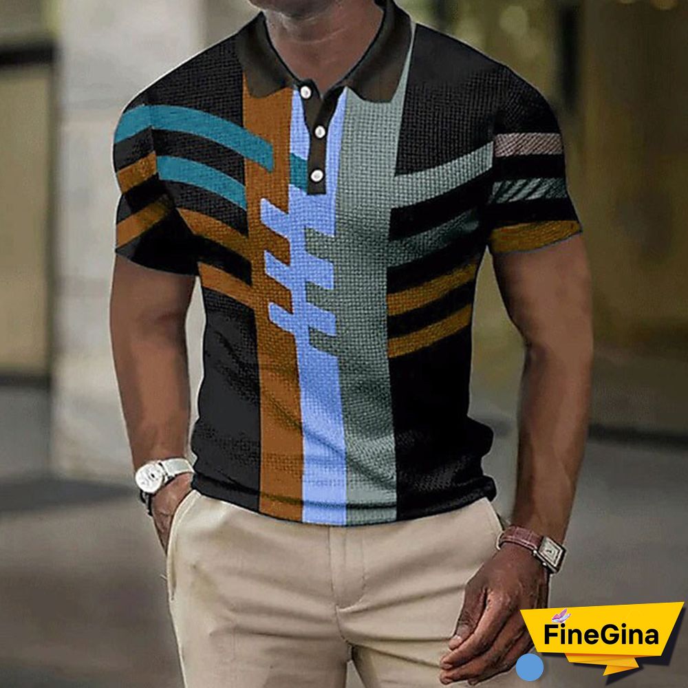 Black khaki Men's Short Sleeves Striped Graphic 3D Print Button-Down Shirt