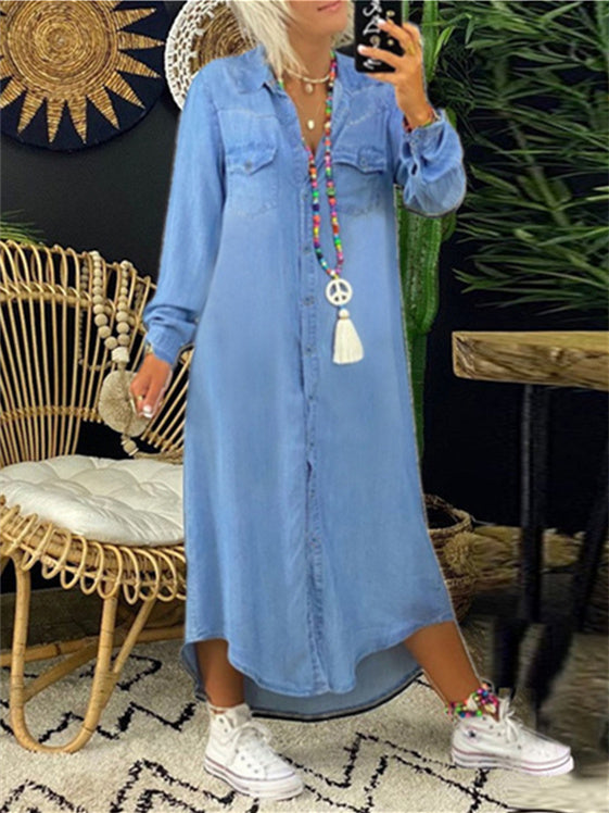 Women Long Sleeve V-neck Solid Color Pockets Maxi Dress