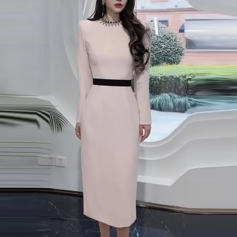 Nigikala Nigikala Early Spring New Star Fashion Temperament Simple Diamond Nails Color Long-Sleeved Dress