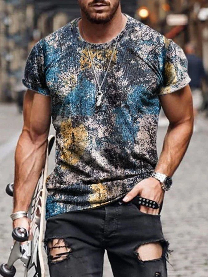Men's ethnic elements printing fashion round neck short sleeve T-shirt
