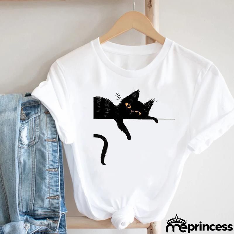 Women Loose Simple Cartoon Cat Footprint Print Round Neck Short Sleeve T-Shirt