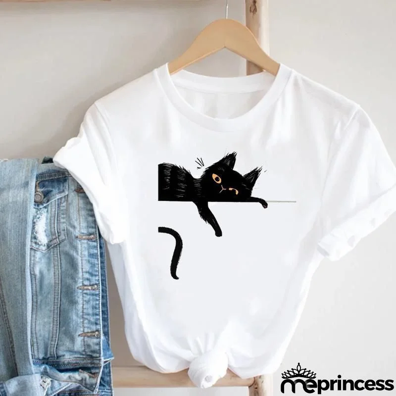 Women Loose Simple Cartoon Cat Footprint Print Round Neck Short Sleeve T-Shirt
