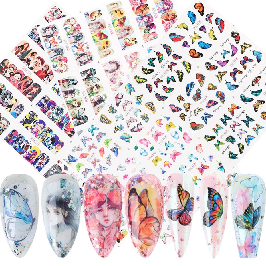 12Pcs/Set Nail Stickers Water Transfer Elegant Butterfly Flowers Designs Nail Decal Decoration Tips For Beauty Salons-Nail Inspo