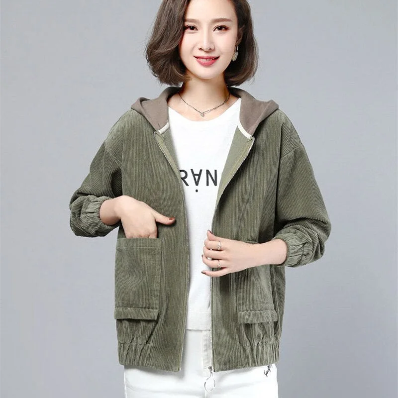 Spring Autumn New Women Jackets Corduroy Coat Streetwear Hooded Casual Windbreaker Female Zippers Jacket Outerwear Plus Size 3xl