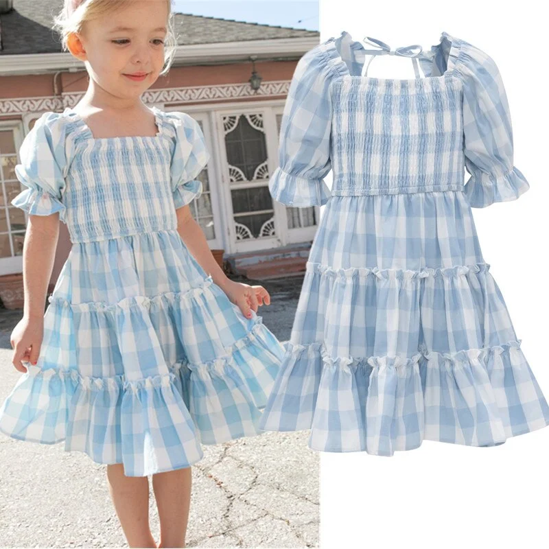 Summer Girls Plaid Casual Dress Kids Short Sleeves Cotton Blend Smock Clothes For 3-8 Years Girls Children French Style Dresses