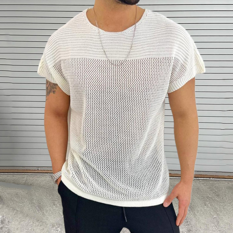 Men's Knitted Thin Stitching Round Neck Short-Sleeved Sweater