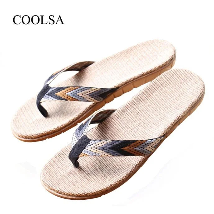 COOLSA Men's Linen Flip Flops Striped Ribbon Sandals Flat EVA Non-Slip Linen Slides Home Slippers Man Casual Straw Beach Shoes
