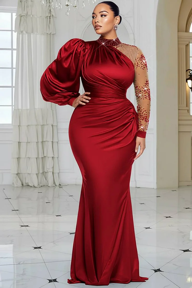 Xpluswear Design Plus Size Formal Blue Mock Neck Lantern Sleeve Long Sleeve Drilling Elegant See Through Tulle Satin Maxi Dresses 2024 - Xpluswear