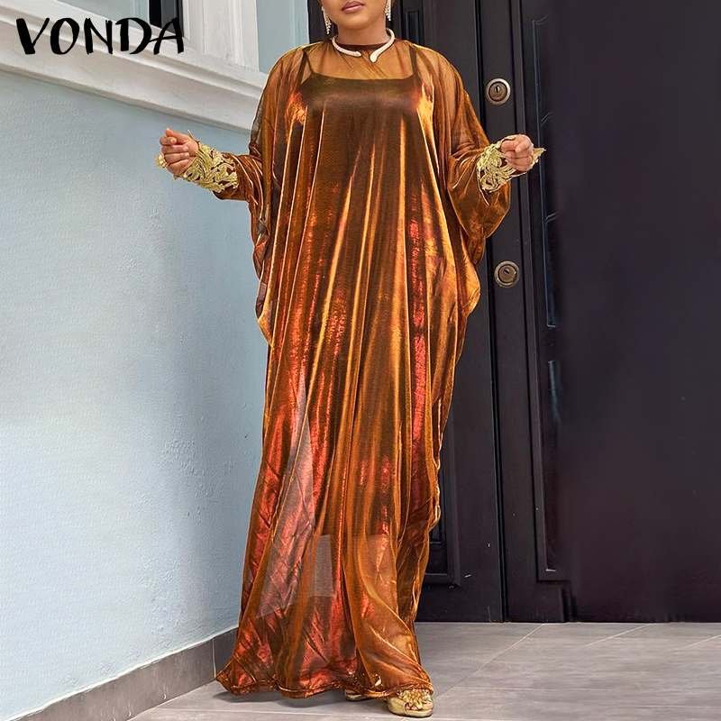 Floor-Length Robe Dress 2022 VONDA Women Sexy See Through Evening Party Maxi Long Dress Elegant Vestidos Oversized Sundress