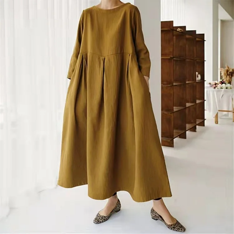 Simple Cotton Linen Style Long Sleeve Maxi Dress