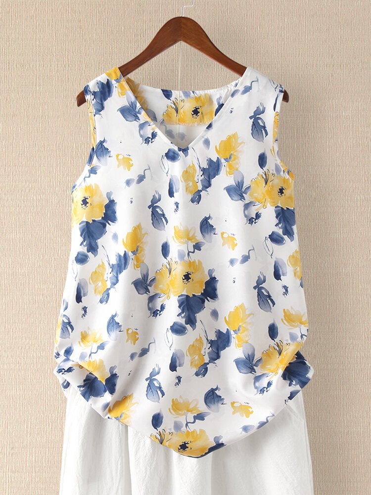 Ink Floral Print Sleeveless V neck Tank Top For Women P1699811