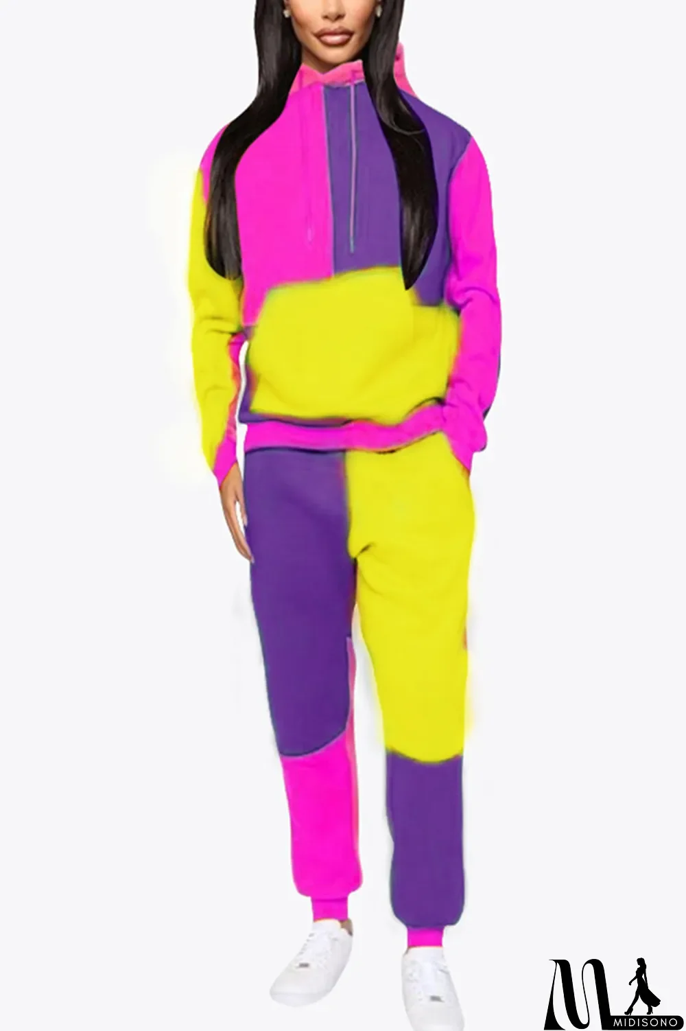 MidiSono - Yellow Fashion Casual Patchwork Split Joint Hooded Collar Long Sleeve Regular Sleeve Regular Two Pieces