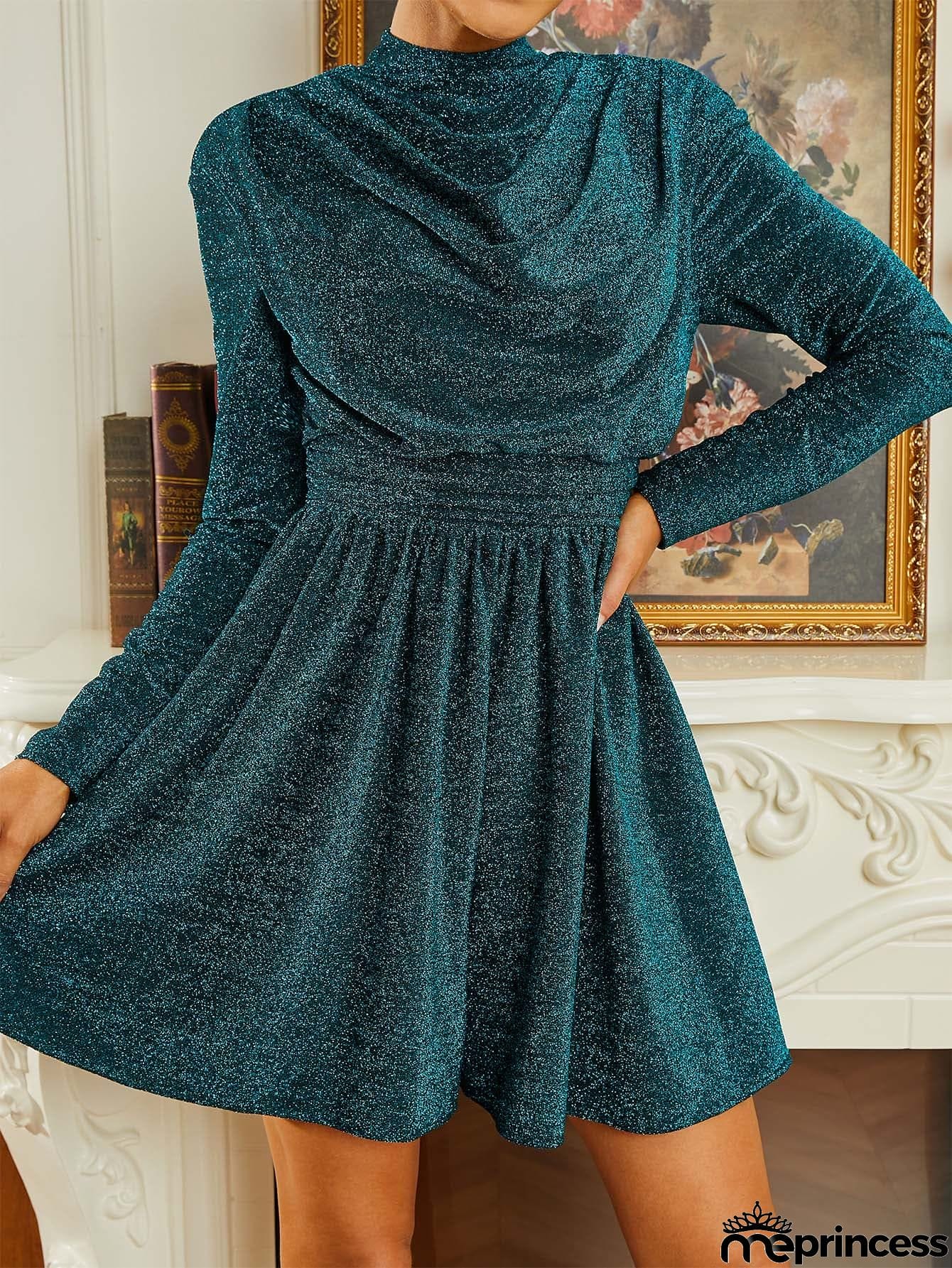 Stand Collar A-Line Pleated CutOut Homecoming Dress RH30593