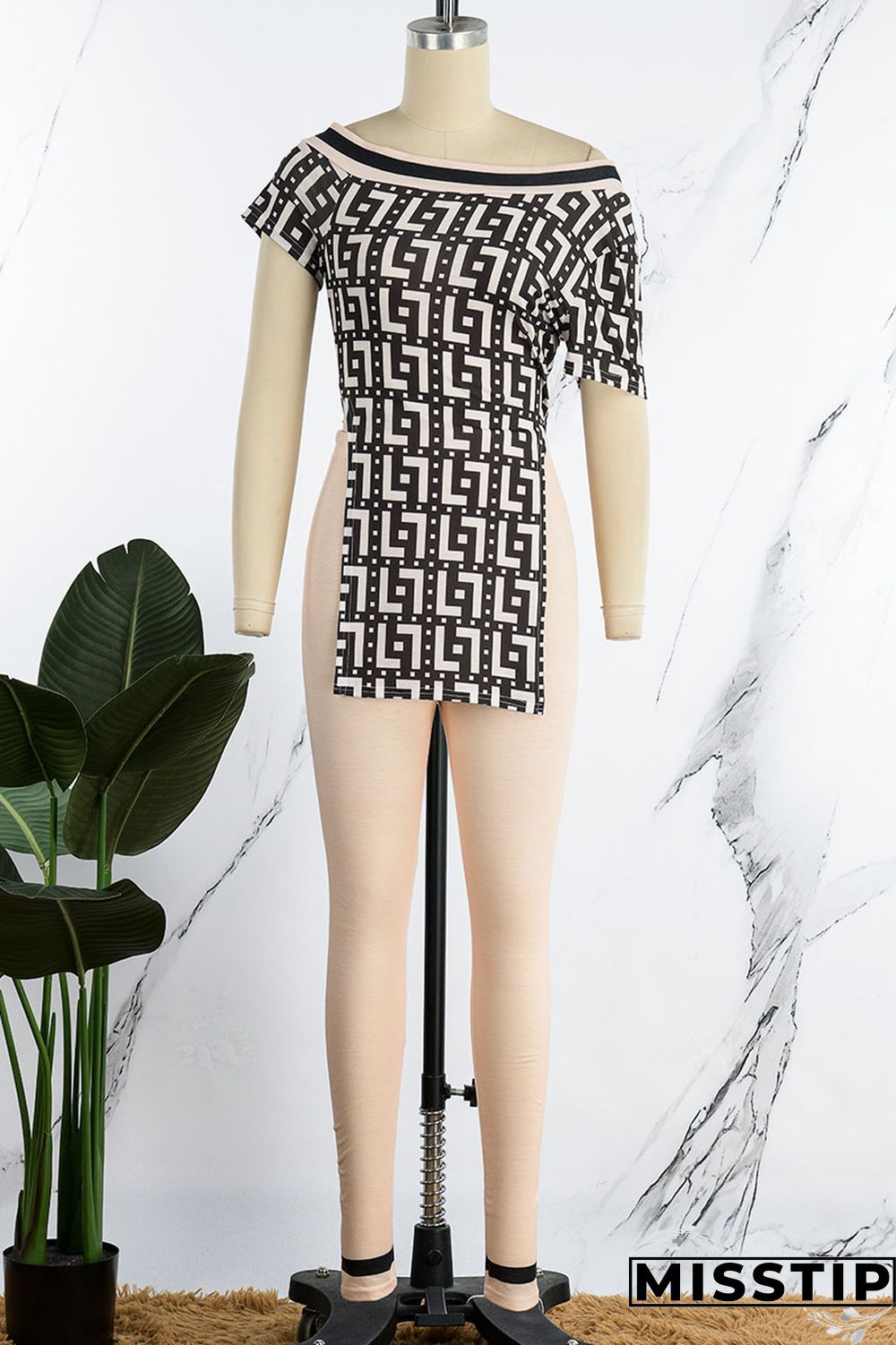 Black And White Casual Print Patchwork Slit Oblique Collar Short Sleeve Two Pieces