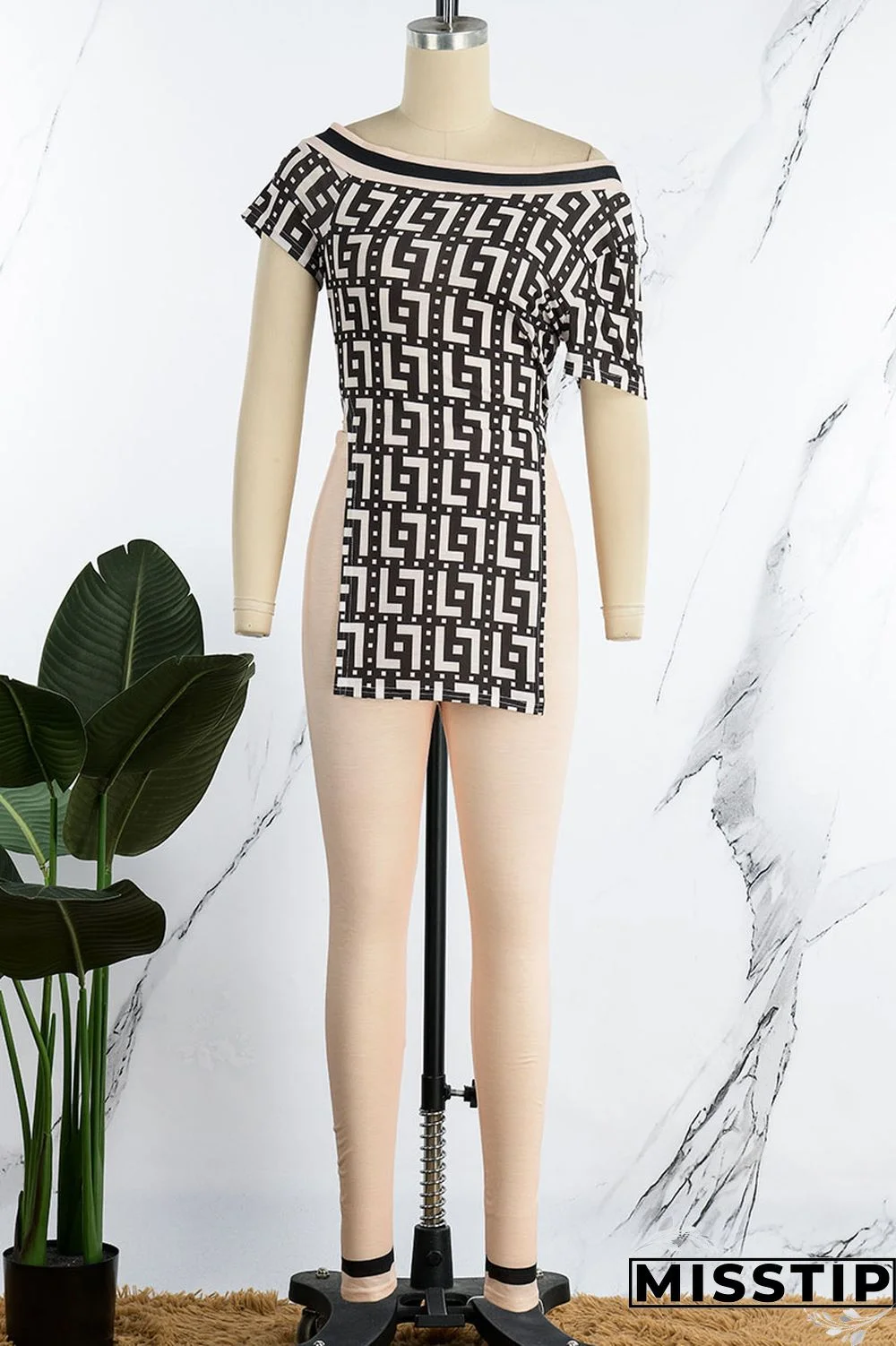 Black And White Casual Print Patchwork Slit Oblique Collar Short Sleeve Two Pieces