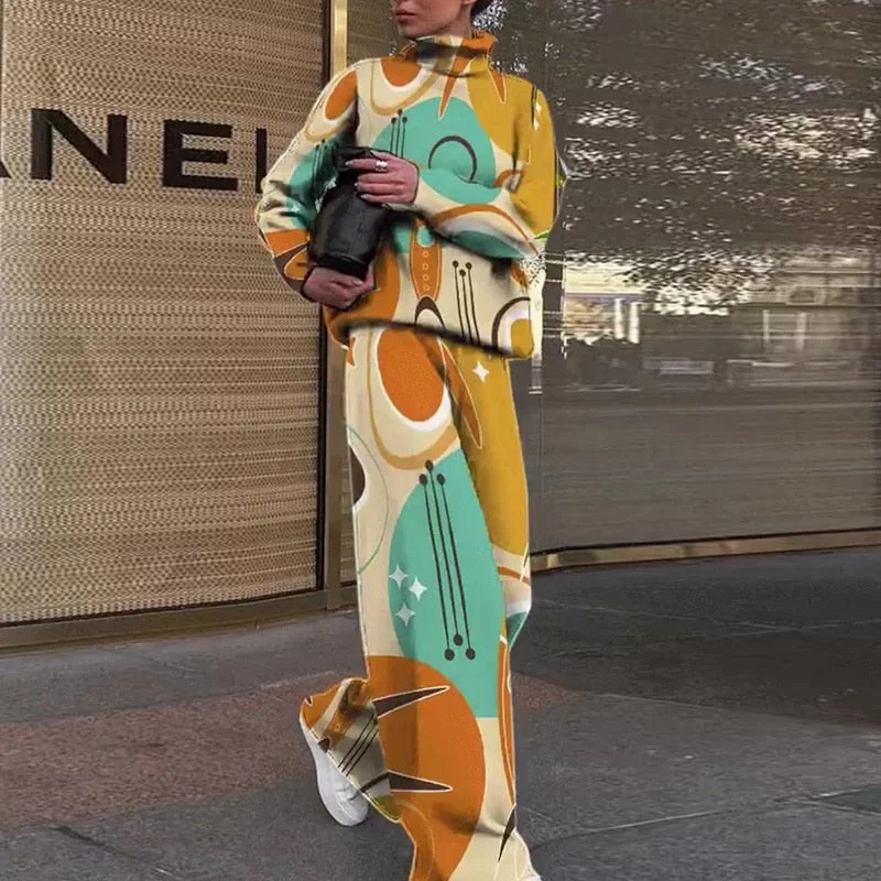 Casual Two Piece Outfits Graffiti Printing Sweatshirt Suits Women Streetwear Turtleneck Top + Wide Leg Pants Tracksuit 2 PC Sets