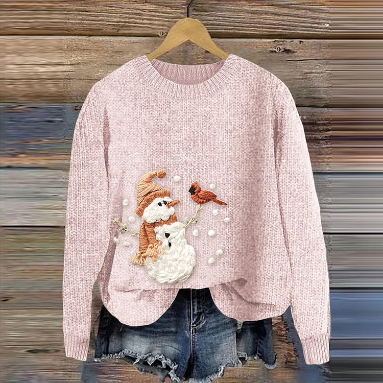 Women's Pink Christmas Snowman Art Crew Neck Cozy Sweater