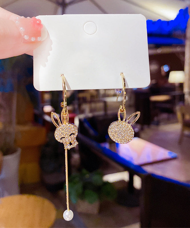 VCSHOES Gold Sterling Silver Overgild Zircon Asymmetry Little Rabbit Tassel Drop Earrings