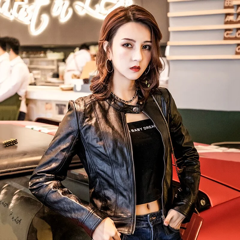 FTLZZ European Style O Neck PU Leather Jacket New Fashion Motorcycle Leather Outwear Women Slim Biker Coat Basic Streetwear