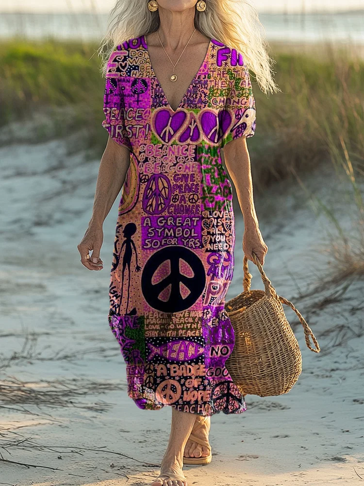 Women's Love Heart Retro Hippie Pattern Art Print Short Sleeve Pocket Cotton Linen Dress