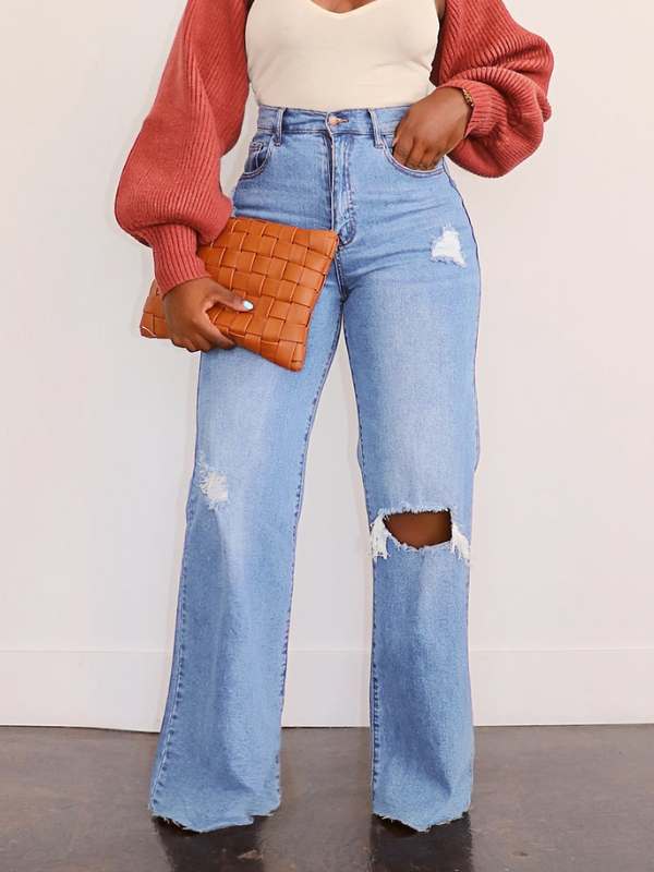Women's Ripped Straight Jeans Casual Loose Denim Long Pant