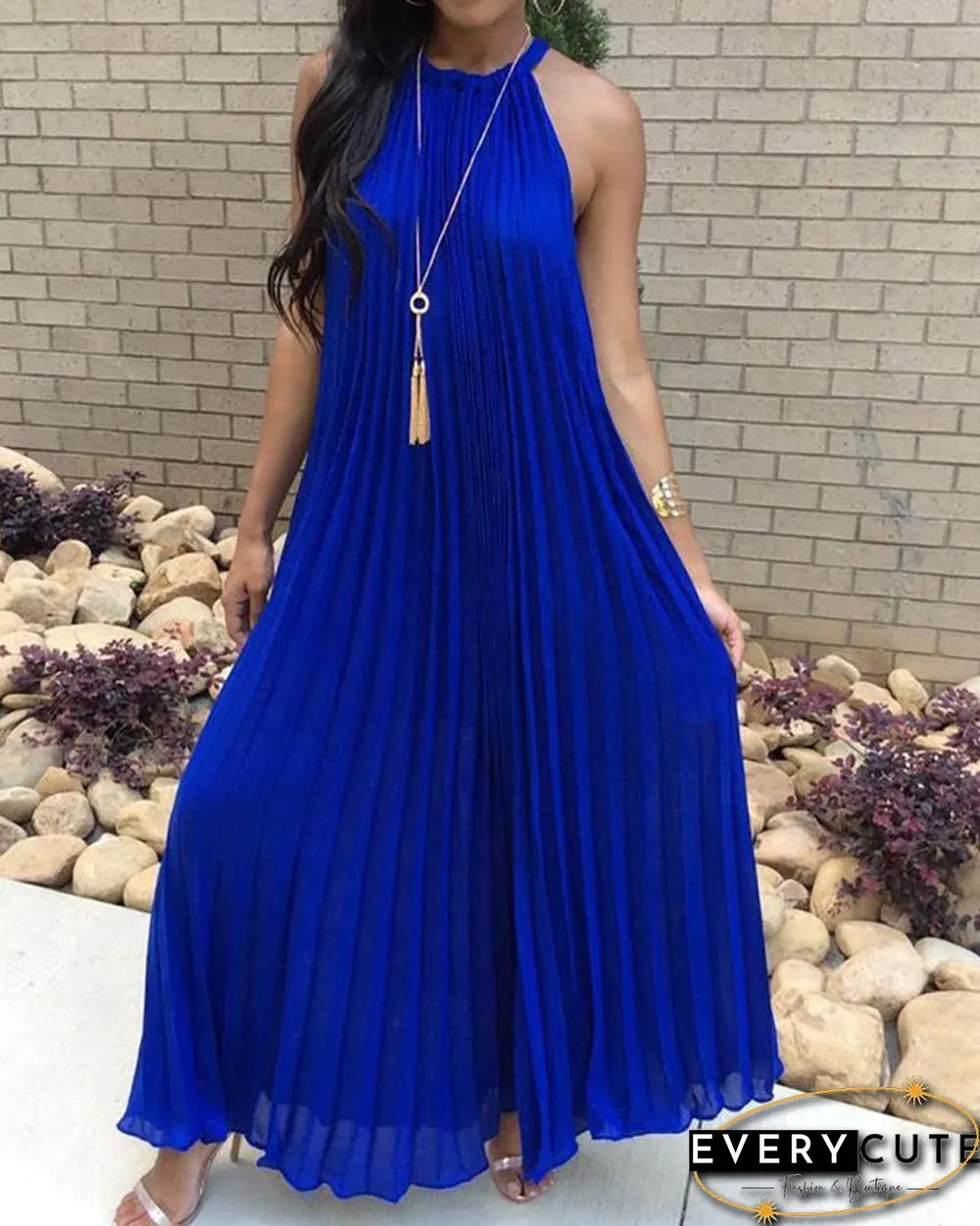 Hot Summer Halter Pleated Casual Maxi Dress P12371