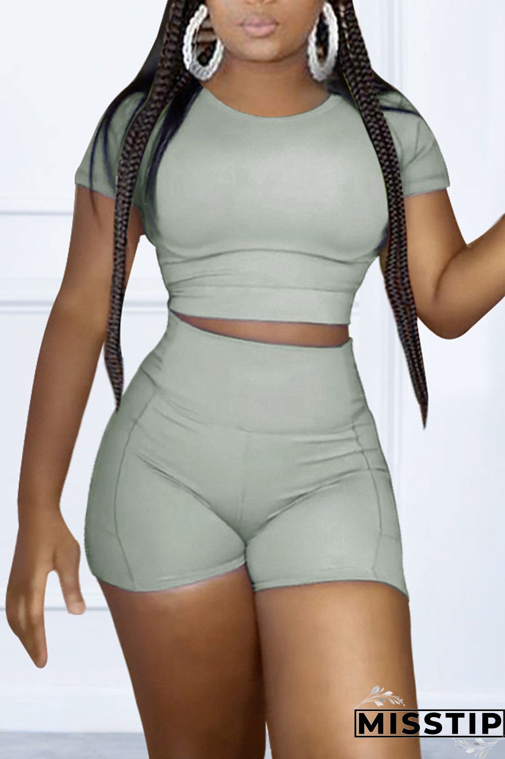 Black Fashion Casual Solid Basic O Neck Short Sleeve Two Pieces