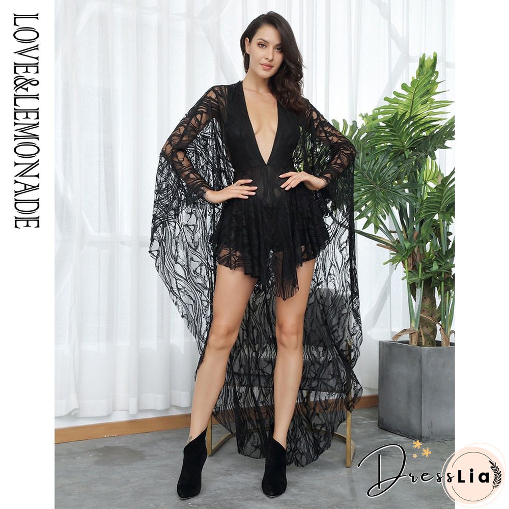 V-Neck Ruffles Open Back Lace Playsuit LM81381-1