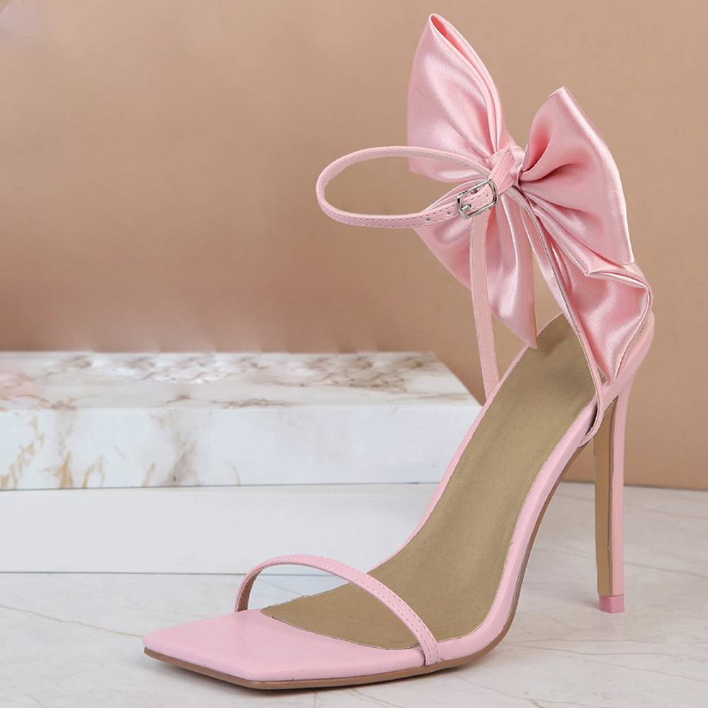 Pink Satin Opened Square Toe Slingback Bow Decor Sandals With Stiletto Heels Nicepairs