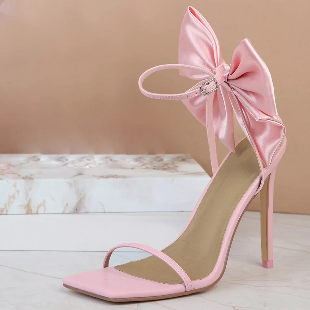 Pink Satin Opened Square Toe Slingback Bow Decor Sandals With Stiletto Heels Nicepairs