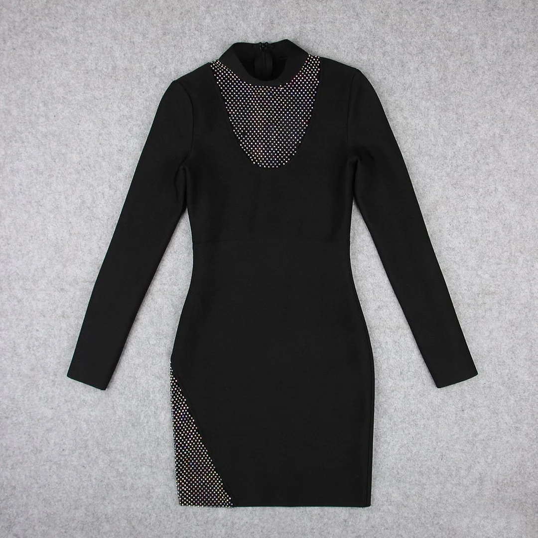 Fashion long sleeve mini black dress-zachics