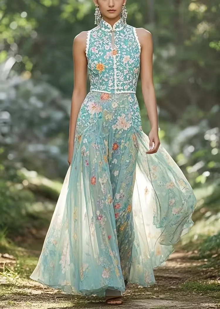 Style Green Mandarin Collar Floral Chiffon Party Dress Sleeveless