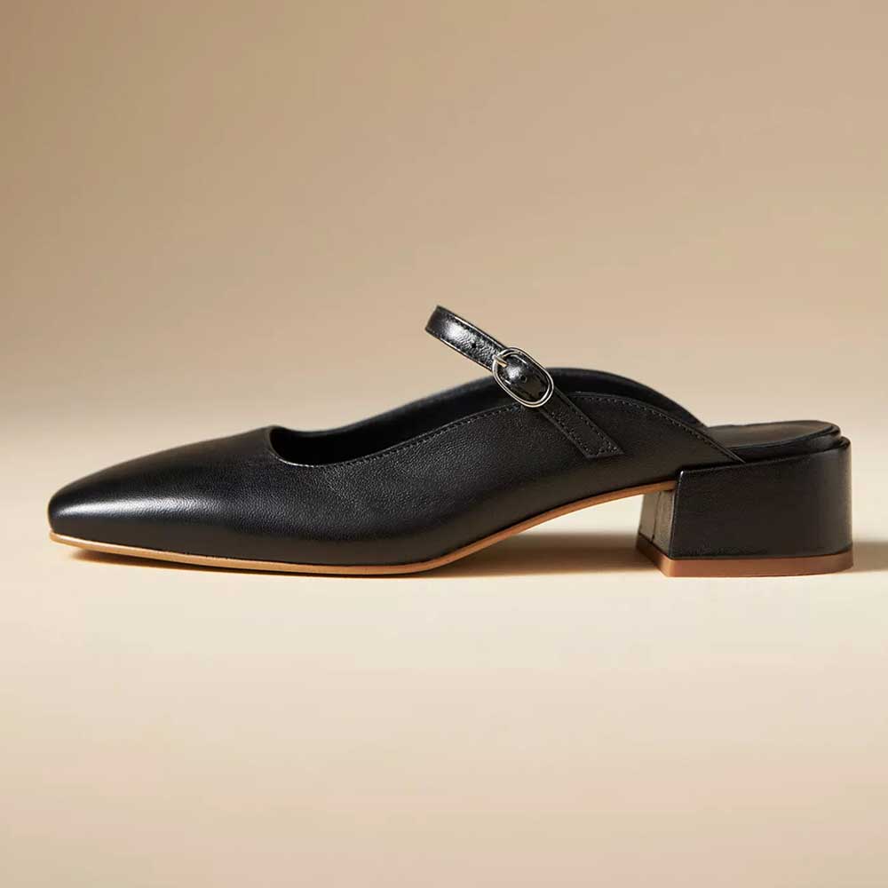 Black Vegan Leather Square Toe Lady's Formal Backless Mary Jane Flats Nicepairs
