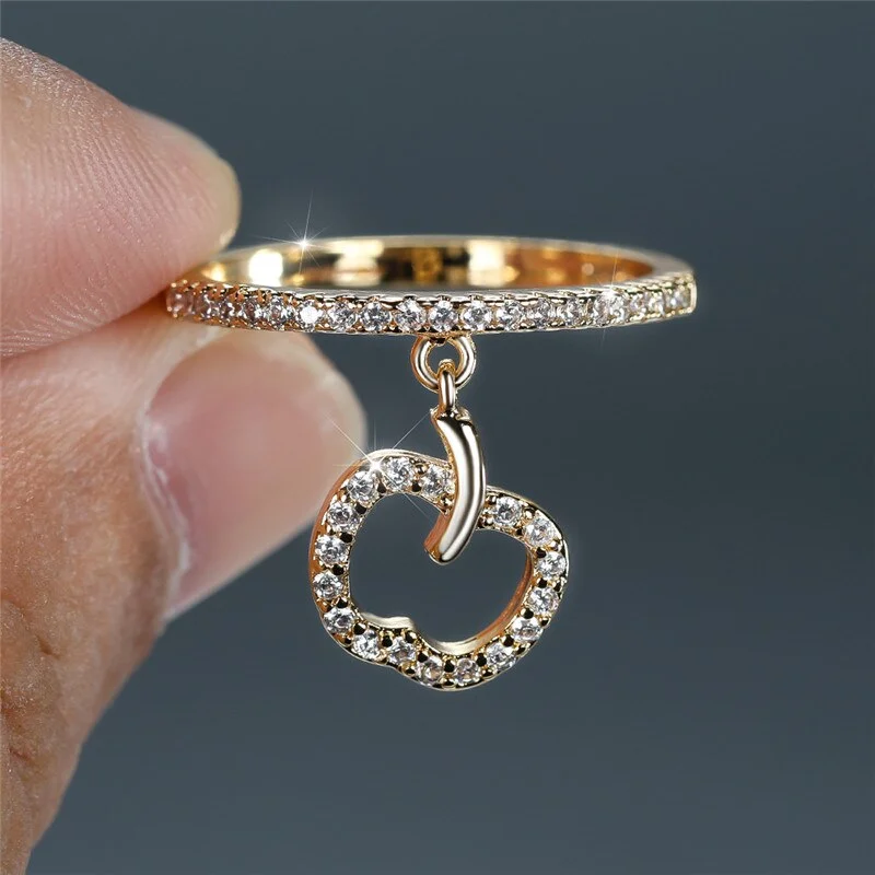 Unique Female Small Apple Pendant Ring Crystal Minimalist White Zircon Stone Ring Gold Silver Color Wedding Rings For Women