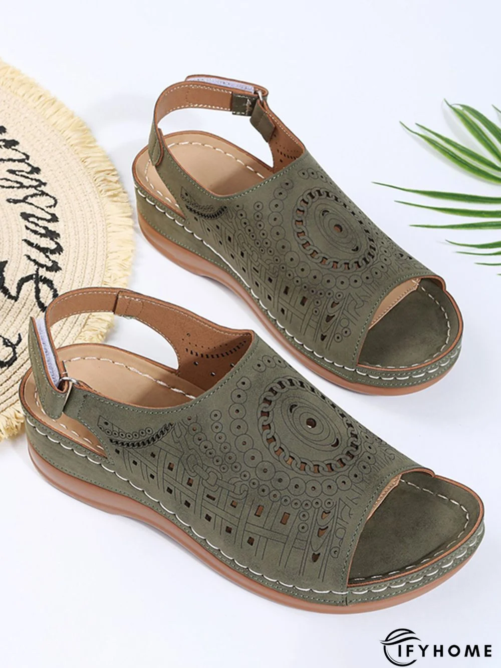 Ethnic Pattern Punched Hollow Velcro Vintage Sandals | IFYHOME